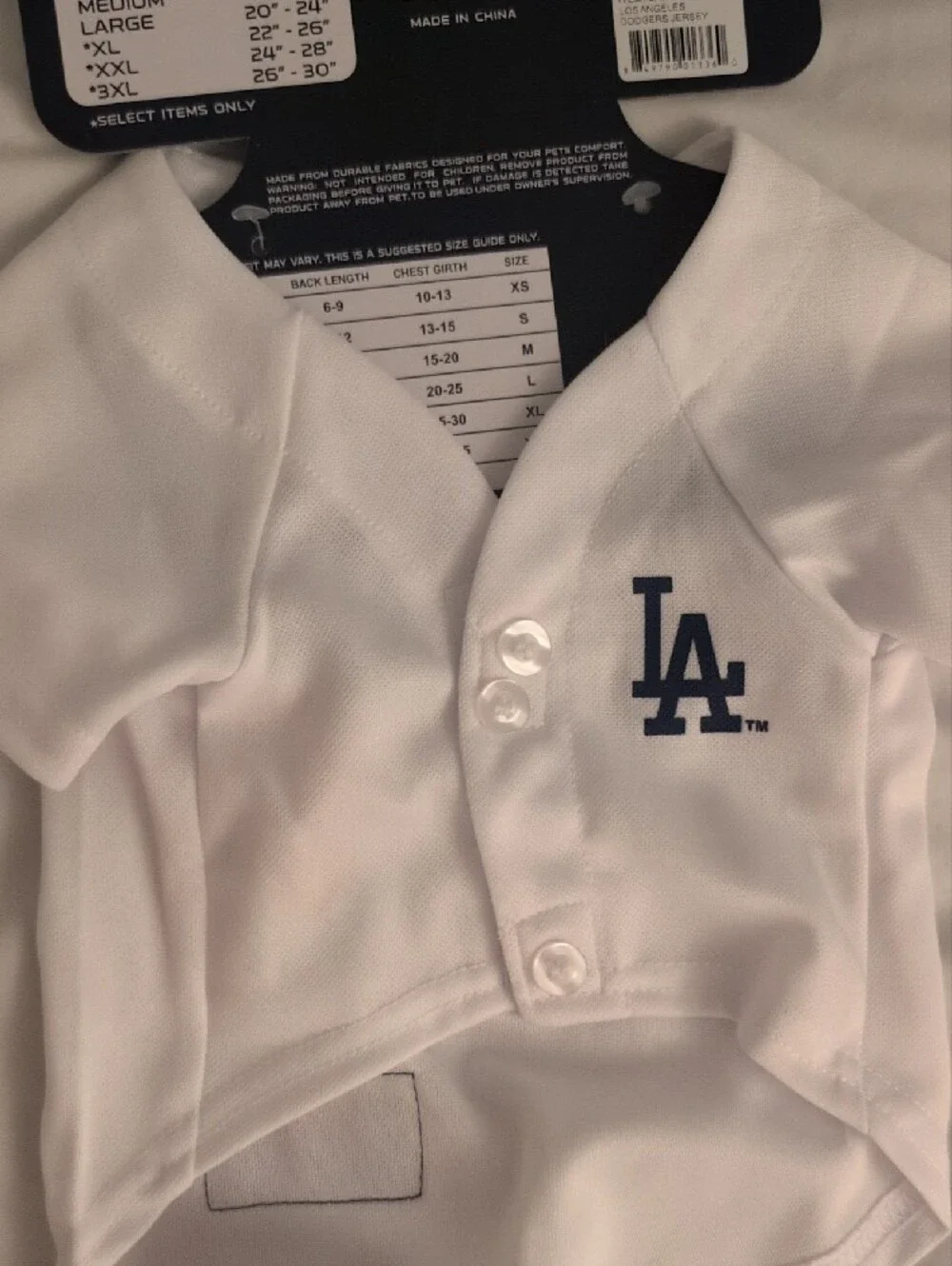 MLB White Stoned Dog Jersey with Blue Sequin 'Dodgers' Script